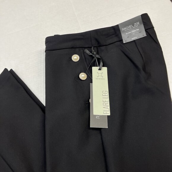 Rachel Zoe Pants Women 6 Black Hi Rise Flare Leg Jersey Knit Pearl Button Detail - Picture 12 of 12